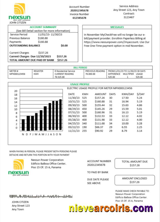 Panama Nexsun Power Corporation electricity utility bill Word and PDF